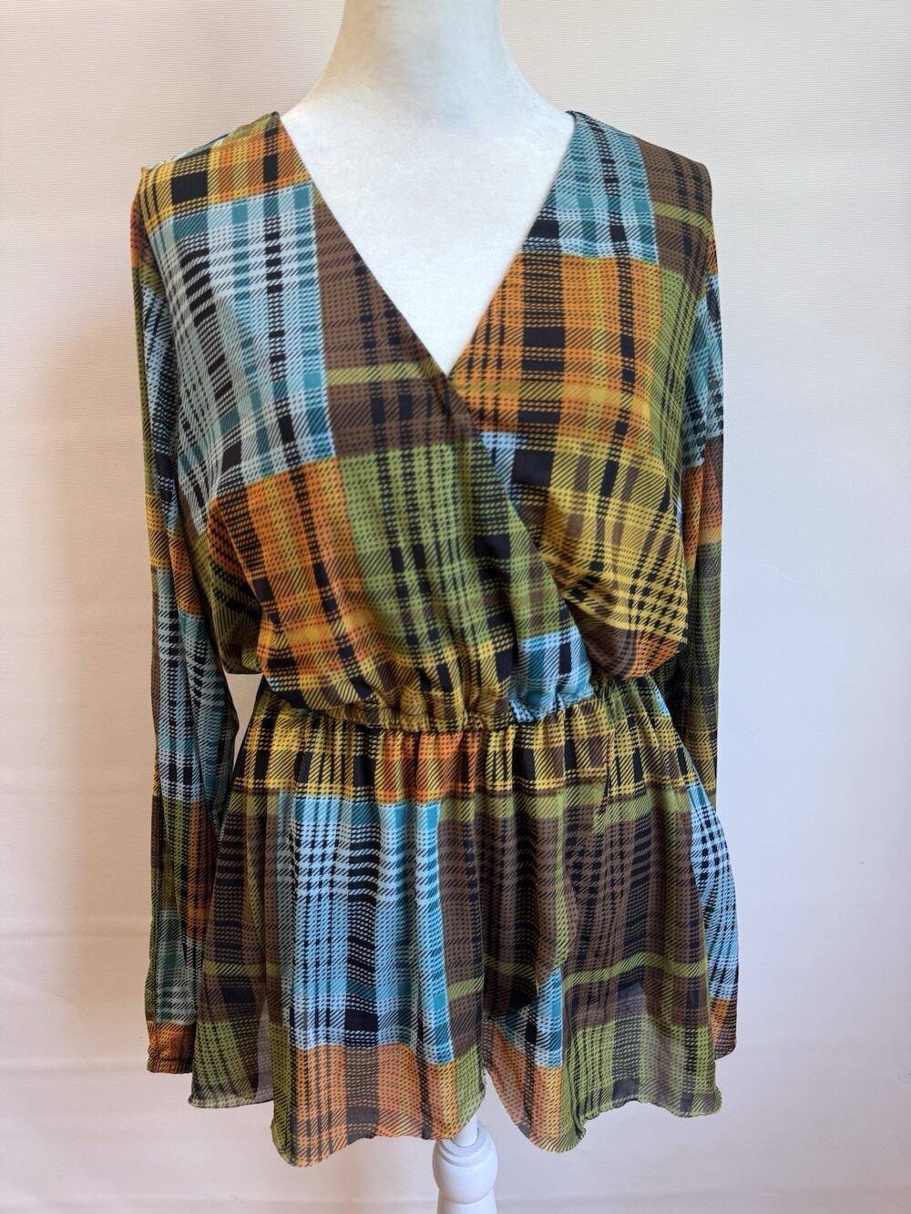 CATO Women’s Plaid Peplum Blouse Size S Multicolor Long Sleeve